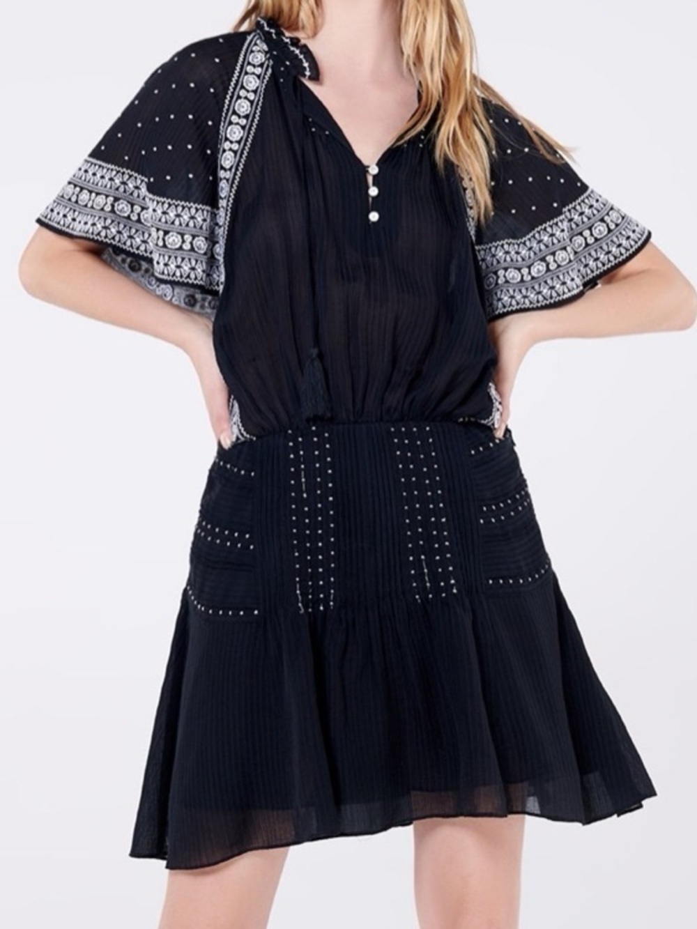 Veronica Beard Minos Embroidered Silk Blend Black Dress Size 12